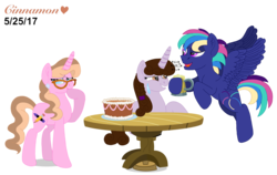 Size: 4096x2581 | Tagged: safe, artist:cinnamon-swirls, oc, oc only, oc:cinnamon heart, oc:firework, oc:kindheart, pegasus, pony, unicorn, kindverse, birthday cake, cake, cider, drunk, food, glasses, high res, offspring, parent:rainbow dash, parent:soarin', parents:soarindash, simple background, sweat, table, transparent background