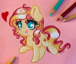 Size: 3548x2979 | Tagged: safe, artist:emberslament, sunset shimmer, pony, unicorn, g4, chibi, colored pencil drawing, colored pencils, cute, female, heart, high res, mare, open mouth, open smile, photo, shimmerbetes, smiling, solo, traditional art