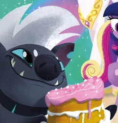 Size: 532x552 | Tagged: safe, artist:amy mebberson, grubber, princess cadance, princess celestia, twilight sparkle, alicorn, pony, g4, my little pony: the movie, cake, food, this will end in tears and/or a journey to the moon, twilight sparkle (alicorn)