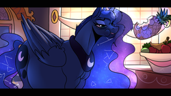 Size: 1920x1080 | Tagged: safe, artist:patch, princess luna, alicorn, pony, a royal problem, g4, bags under eyes, belly, constellation, cravings, eating, explicit source, female, food, fruit, herbivore, letterboxing, mare, pineapple, pregluna, pregnant, scene interpretation, solo, tired