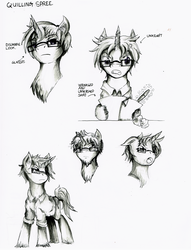 Size: 780x1019 | Tagged: safe, artist:dreamingnoctis, oc, oc only, oc:quilling spree, pony, unicorn, angry, concept art, contempt, glasses, male, monochrome, pen, reference sheet, simple background, sketch, sketch dump, smug, stallion, white background, yelling