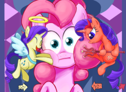 Size: 987x717 | Tagged: safe, artist:noupu, pinkie pie, rarity, pony, the saddle row review, :i, angel rarity, cheek squish, devil rarity, duality, looking at you, shoulder angel, shoulder devil, squishy cheeks