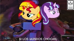 Size: 960x533 | Tagged: safe, starlight glimmer, sunset shimmer, equestria girls, equestria girls specials, g4, my little pony equestria girls: mirror magic, cavey the caveman, gross, robot x-29488, spanish, spongebob squarepants, translated in the comments, ugh, when worlds collide