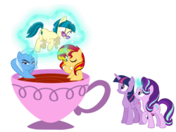 Size: 1024x768 | Tagged: safe, artist:trini-mite, juniper montage, starlight glimmer, sunset shimmer, trixie, twilight sparkle, alicorn, earth pony, pony, unicorn, equestria girls, equestria girls specials, g4, my little pony equestria girls: movie magic, counterparts, cup, cup of pony, equestria girls ponified, female, food, funny, hot tub, magic, mare, micro, ponified, simple background, smug, smuglight glimmer, tea, teacup, that pony sure does love teacups, transparent background, twilight sparkle (alicorn), twilight's counterparts, vector, welcome home twilight