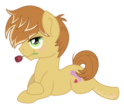 Size: 2560x2192 | Tagged: safe, artist:raspberrystudios, feather bangs, earth pony, pony, g4, hard to say anything, bedroom eyes, crossed legs, flower, flower in mouth, hey gurl, high res, horsebando, husbando, lying down, male, mouth hold, romantic, rose, rose in mouth, seductive, simple background, solo, stallion, transparent background