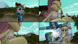Size: 6058x3415 | Tagged: safe, artist:scalelover, fluttershy, rainbow dash, equestria girls, g4, 3d, absurd resolution, breaking the fourth wall, eyeshadow, fetish, giantess, giantshy, macro, makeup, micro, pre sneeze, sitting, size difference, sneezing, sneezing fetish, source filmmaker