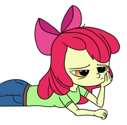 Size: 6600x6523 | Tagged: safe, artist:anyponedrawn, apple bloom, equestria girls, g4, absurd resolution, ass up, bored, butt, clothes, cute, female, jeans, lying down, pants, plot, simple background, solo, transparent background