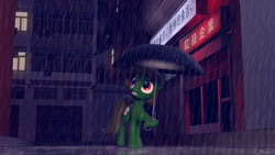 Size: 4096x2304 | Tagged: safe, artist:raymond, oc, oc only, oc:nahuelina, pony, 3d, chinese, high res, lightly watermarked, rain, solo, source filmmaker, umbrella, water, watermark