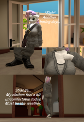 Size: 1920x2781 | Tagged: safe, artist:papadragon69, sweetie belle, anthro, plantigrade anthro, comic:nudie belle, g4, 3d, barefoot, breasts, busty sweetie belle, clothes, comic, dialogue, feet, female, handbag, hoodie, older, older sweetie belle, pants, shoes, solo, source filmmaker, sweatpants, thinking, tracksuit
