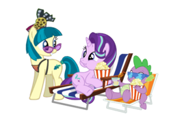 Size: 578x401 | Tagged: safe, artist:trini-mite, juniper montage, spike, starlight glimmer, earth pony, pony, unicorn, equestria girls, g4, beach chair, chair, drink, equestria girls ponified, food, lounging, ponified, popcorn, simple background, sunglasses, transparent background, vector