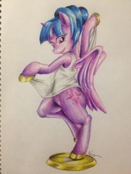 Size: 2448x3264 | Tagged: safe, artist:nolyanimeid, twilight sparkle, alicorn, pony, a royal problem, g4, alternate hairstyle, arm hooves, ballerina, clothes, dress, female, hair bun, high res, mare, shoes, skirt, skirt lift, smiling, solo, traditional art, twilight sparkle (alicorn)