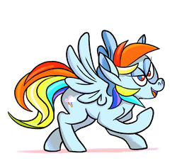 Size: 6750x6199 | Tagged: safe, artist:docwario, rainbow dash, pegasus, pony, g4, absurd resolution, colored pupils, female, lidded eyes, mare, multicolored hair, open mouth, raised hoof, simple background, smiling, solo, spread wings, white background, wings