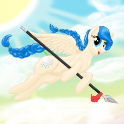 Size: 3000x3000 | Tagged: safe, artist:lookabombaboo, oc, oc only, oc:sky spear, pegasus, pony, braid, flying, high res, sky, spear, weapon
