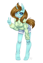 Size: 1024x1499 | Tagged: safe, artist:mittz-the-trash-lord, oc, oc only, oc:hope, unicorn, anthro, unguligrade anthro, anthro oc, clothes, cute, daisy dukes, female, looking at you, mare, ocbetes, peace sign, shorts, simple background, smiling, solo, sweater, tongue out, transparent background
