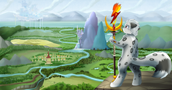Size: 2872x1506 | Tagged: safe, artist:pridark, oc, oc only, barely pony related, canterlot, canterlot mountain, cloudsdale, commission, forest, furry, grass, mountain, non-mlp oc, ponyville, ponyville town hall, rear view, river, scenery, staff, standing, water