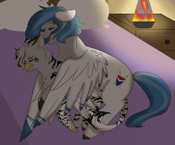 Size: 6000x5000 | Tagged: safe, artist:liefsong, oc, oc only, oc:delta dart, oc:warren, classical hippogriff, hippogriff, hybrid, original species, zebragriff, absurd resolution, bed, bedroom, bedsheets, chest fluff, cuddling, gay, griffbra, lava lamp, male, size difference, sleeping, spooning, talons, unshorn fetlocks, zerb