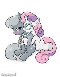 Size: 1024x1316 | Tagged: safe, artist:angel-wing101, silver spoon, sweetie belle, earth pony, pony, unicorn, g4, accessory swap, blushing, commission, cuddling, eyes closed, female, filly, hug, lesbian, looking back, ship:silverbelle, shipping, silver spooning, simple background, spooning, underhoof, watermark, white background