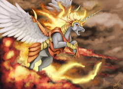 Size: 3680x2662 | Tagged: safe, artist:vinicius040598, daybreaker, alicorn, horse, pony, a royal problem, g4, armor, female, fire, high res, open mouth, rearing, solo, tongue out