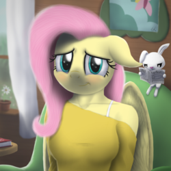 Size: 2500x2500 | Tagged: safe, artist:facelesssoles, angel bunny, fluttershy, pegasus, anthro, g4, book, clothes, female, flower, high res, mare, newspaper, reading, sitting, table