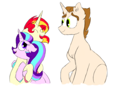 Size: 1024x768 | Tagged: safe, artist:doodletheexpoodle, donut joe, starlight glimmer, sunset shimmer, pony, unicorn, g4, crack shipping, donutshimmer, female, hug, male, shipping, simple background, straight, white background