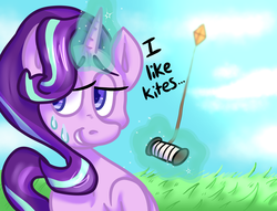 Size: 1024x783 | Tagged: safe, artist:derpz-i-guess, starlight glimmer, pony, unicorn, g4, cloud, dialogue, female, kite, kite flying, levitation, lidded eyes, magic, sky, smiling, solo, sweat, telekinesis, that pony sure does love kites