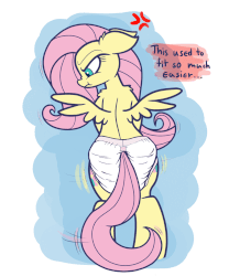 Size: 1000x1200 | Tagged: safe, artist:bellspurgebells, edit, editor:hodgepodgedl, fluttershy, pegasus, pony, g4, animated, annoyed, bipedal, both cutie marks, butt, clothes, cross-popping veins, diaper, diaper edit, diapershy, female, floppy ears, flutterbutt, gif, mare, non-baby in diaper, nose wrinkle, plot, solo, spread wings, swaying hips, tsundere, wings