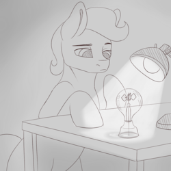 Size: 1280x1280 | Tagged: safe, artist:askamberfawn, oc, oc only, oc:soft zoisite, crystal pony, pony, lamp, male, monochrome, radiometer, sketch, solo, stallion, table