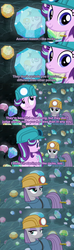 Size: 854x2880 | Tagged: safe, edit, screencap, maud pie, starlight glimmer, earth pony, pony, g4, rock solid friendship, cave, discovery family logo, gem, gem cave, helmet, mining helmet, reflection, screencap comic, smiling, when she smiles