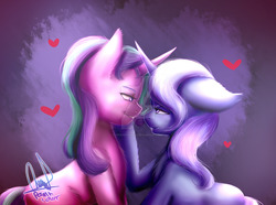 Size: 1280x950 | Tagged: safe, artist:paintcoloryt, starlight glimmer, trixie, pony, unicorn, g4, abstract background, bedroom eyes, chest fluff, deviantart watermark, duo, ear fluff, female, floppy ears, fluffy, heart, lesbian, looking at each other, mare, obtrusive watermark, ship:startrix, shipping, shoulder fluff, signature, smiling, watermark