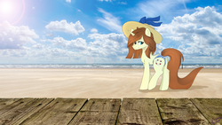 Size: 1920x1080 | Tagged: safe, artist:cottonaime, oc, oc only, pony, unicorn, bikini, clothes, fluffy, looking back, smiling, solo, summer, swimsuit