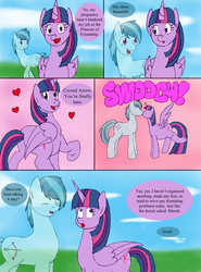 Size: 1000x1355 | Tagged: safe, artist:emilou1985, crystal arrow, crystal beau, twilight sparkle, alicorn, crystal pony, pony, comic:signs, g4, butt, comic, crystaltwi, female, heart, kissing, male, plot, pregnant, shipping, straight, transparent flesh, twilight sparkle (alicorn)