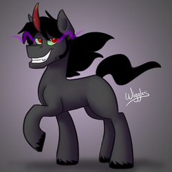 Size: 500x500 | Tagged: safe, artist:wiggles, king sombra, pony, unicorn, g4, alternate hairstyle, evil smile, gradient background, gray background, grin, handsome, looking at you, majestic, male, raised hoof, signature, simple background, smiling, smirk, solo, sombra eyes, stallion, stupid sexy sombra, unshorn fetlocks