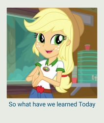 Size: 1172x1385 | Tagged: safe, screencap, applejack, equestria girls, g4, my little pony equestria girls: legend of everfree, applejack's hat, camp everfree logo, camp everfree outfits, clothes, cowboy hat, cup, female, freckles, hat, lesson, looking at you, meta, smiling, solo, talking to viewer
