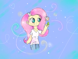 Size: 2048x1536 | Tagged: safe, artist:pinkflutter, fluttershy, butterfly, human, g4, clothes, female, flattershy, flower, humanized, looking at something, pants, shirt, smiling, solo