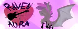 Size: 999x382 | Tagged: safe, artist:metro scrunch, oc, oc only, oc:raven aura, bat pony, pony, abstract background, bat wings, cutie mark, guitar, music, music notes, solo, spiky mane, wings