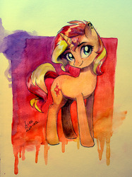 Size: 1280x1709 | Tagged: dead source, safe, artist:sapraitlond, sunset shimmer, pony, unicorn, g4, abstract background, backwards cutie mark, ear piercing, female, piercing, smiling, solo, traditional art, watercolor painting