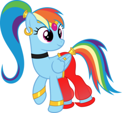 Size: 6882x6400 | Tagged: safe, artist:parclytaxel, rainbow dash, genie, pegasus, pony, ain't never had friends like us, g4, .svg available, absurd resolution, alternate hairstyle, armband, circlet, clothes, collar, ear piercing, earring, feather ring, female, gem, geniefied, jewelry, leg brace, looking back, mare, piercing, ponytail, rainbow dash always dresses in style, ring, shantae, shantae (character), shoes, simple background, smiling, solo, tail wrap, transparent background, vector, wing jewelry