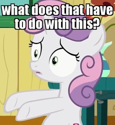 Size: 437x475 | Tagged: safe, edit, edited screencap, screencap, sweetie belle, pony, g4, the fault in our cutie marks, confused, cropped, female, image macro, meme, reaction image, solo