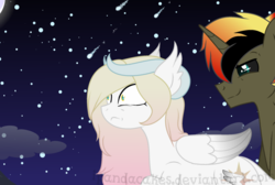 Size: 995x667 | Tagged: safe, artist:ipandacakes, oc, oc only, oc:imperial ire, oc:valkyrie, hybrid, pony, female, interspecies offspring, male, night, offspring, parent:discord, parent:princess celestia, parents:dislestia, valkyrial