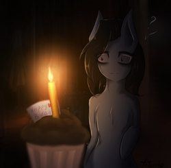 Size: 2177x2133 | Tagged: safe, artist:taleriko, oc, oc only, oc:taleriko, earth pony, semi-anthro, rcf community, candle, chest fluff, dark background, darkness, dim light, female, food, high res, muffin, question mark, solo