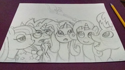 Size: 3328x1872 | Tagged: safe, artist:pokecure123, maud pie, starlight glimmer, sunburst, thorax, trixie, changedling, changeling, pony, unicorn, g4, female, king thorax, mare, paper, sketch, traditional art, wand, wip