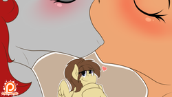 Size: 500x281 | Tagged: safe, artist:fleet-wing, oc, oc only, oc:flitter feather, oc:ignic rhythm, oc:sharps eye, bat pony, pegasus, pony, :t, bat pony oc, bedroom eyes, blushing, brown background, female, heart, lesbian, lidded eyes, making out, mare, oc x oc, patreon, patreon logo, shipping, simple background, smiling, threesome, voyeurism, watching