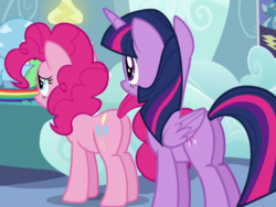 Size: 625x470 | Tagged: safe, screencap, pinkie pie, twilight sparkle, alicorn, pony, g4, my little pony: friendship is magic, tanks for the memories, butt, cropped, female, mare, plot, rainbow dash's bedroom, rainbow dash's house, twilight sparkle (alicorn)