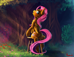 Size: 1400x1080 | Tagged: safe, artist:miokomata, fluttershy, pegasus, pony, g4, adorasexy, blushing, butt, crepuscular rays, cute, dock, featureless crotch, female, flutterbutt, folded wings, forest, frog (hoof), grass, hoofbutt, looking back, looking down, mare, nature, open mouth, outdoors, plot, pose, sexy, shyabetes, signature, sitting, solo, stool, stupid sexy fluttershy, tail, tree, underhoof, wings