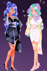 Size: 866x1300 | Tagged: safe, artist:nevera573, princess celestia, princess luna, human, g4, clothes, colored pupils, dark skin, duo, female, humanized, kimono minidress, royal sisters, sandals, sisters, smiling