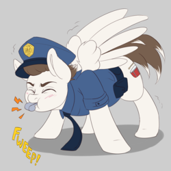 Size: 1280x1280 | Tagged: safe, artist:askamberfawn, oc, oc only, oc:drummy, pegasus, pony, gray background, male, police uniform, simple background, solo