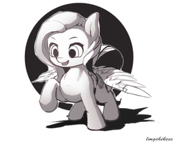 Size: 600x493 | Tagged: safe, artist:lmgchikess, fluttershy, pegasus, pony, g4, cute, female, looking at something, looking down, mare, monochrome, open mouth, raised hoof, shyabetes, simple background, smiling, solo, spread wings, white background, wings