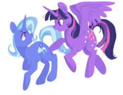 Size: 1280x989 | Tagged: safe, artist:lionsca, trixie, twilight sparkle, alicorn, pony, unicorn, g4, cutie mark, female, hooves, horn, lesbian, lineless, mare, open mouth, ship:twixie, shipping, simple background, spread wings, transparent background, twilight sparkle (alicorn), wings