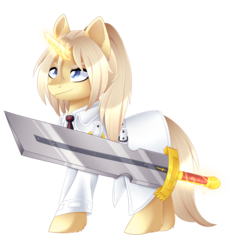 Size: 2251x2222 | Tagged: safe, artist:scarlet-spectrum, oc, oc only, oc:arthur, pony, clothes, commission, glowing horn, high res, horn, long mane, magic, male, simple background, solo, stallion, sword, transparent background, weapon
