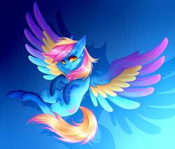 Size: 2600x2220 | Tagged: safe, artist:x-piiu, oc, oc only, oc:lightning moon, pony, colored pupils, commission, female, flying, gradient background, high res, mare, smiling, solo, spread wings, wings